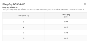 Đai nịt cằm Bảng size chuẩn